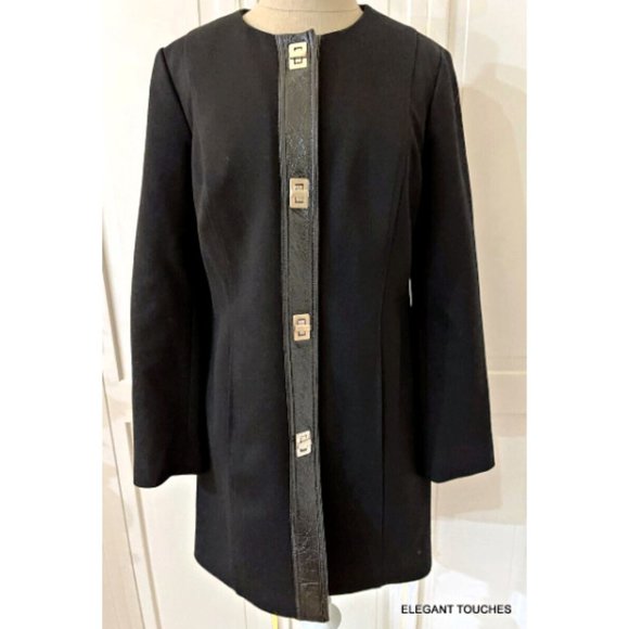 Donna Degnan Black Coat Jacket Size 6 Lined Mid-Length Silver Hardware Front S - Picture 9 of 12